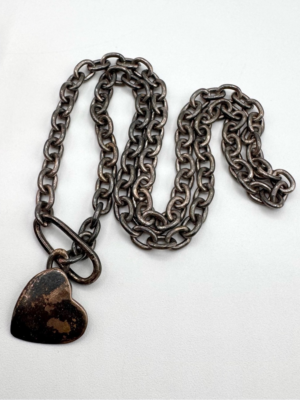 925 Italy Heart Lariat Chain Necklace Sterling Silver Heavy Patina 34.49 grams